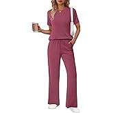 Ekouaer Lounge Sets for Women 2 Piece Matching Travel Outfits 2026 Loose Short Sleeve Top Wide Leg Pants Pockets