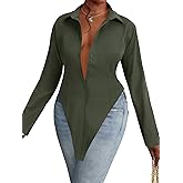 OPOIPIN Women's Collar V Neck Button Bown Long Sleeve Slit Hem Blouse Shirt Top