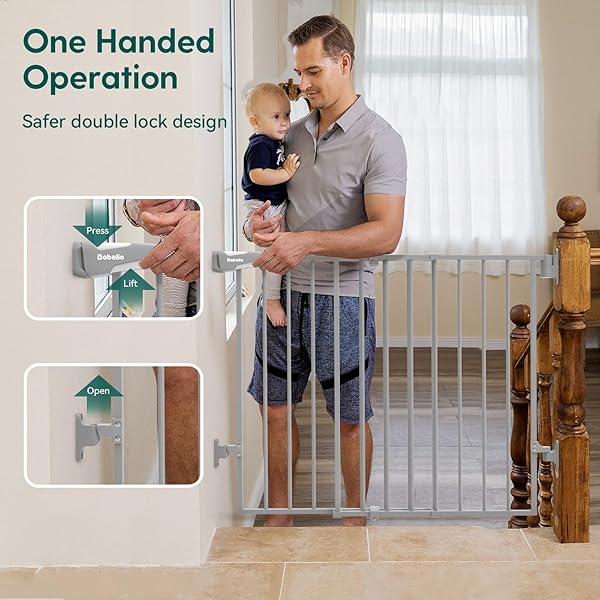 BABELIO BABY GATE FOR STAIRS, KITCHEN & DOORWAYS, 26-43″ W 28″ H NO BOTTOM BAR| EASY INSTALLATION| ONE-HANDED OPERATION| AUTO-CLOSE| HARDWARE MOUNT (DRILL NEEDED) SAFETY DOG/PET GATE INDOOR (GREY)