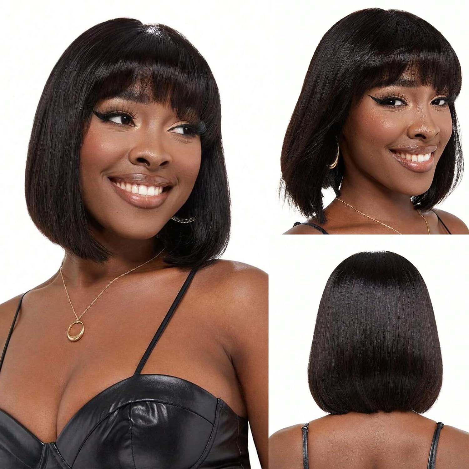 Short Bob Wig with Bangs Short Human Hair Wigs Short Straight Bob Wigs 100% Remy Human Hair Wigs 150% Density No Lace Front Wig Glueless Wigs 10 Inch