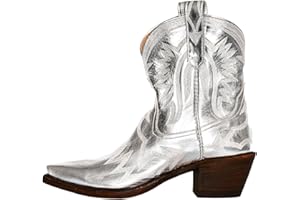 VOLEECE Metallic Embroidered Cowboy Boots for Women Chunky Heel Short Cowgirl Boots Pull On Western Ankle Boots Country Concert Disco Outfits