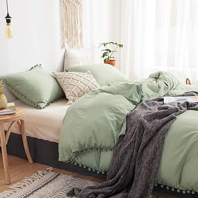 MOVE OVER 2-Piece Dark Green Duvet Cover Set with Ball Fringe, Twin
