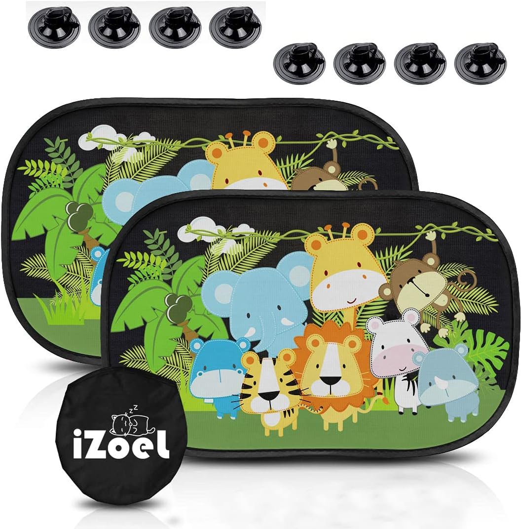 iZoeL Car Sun Shade for Baby Kids 2 PCS Static Cling Side Window Car 80GSM Animals Cars Rear Sunshades Universal with 8 Suction Cups and Storage Bag - Sun Glare and UV Rays Protection