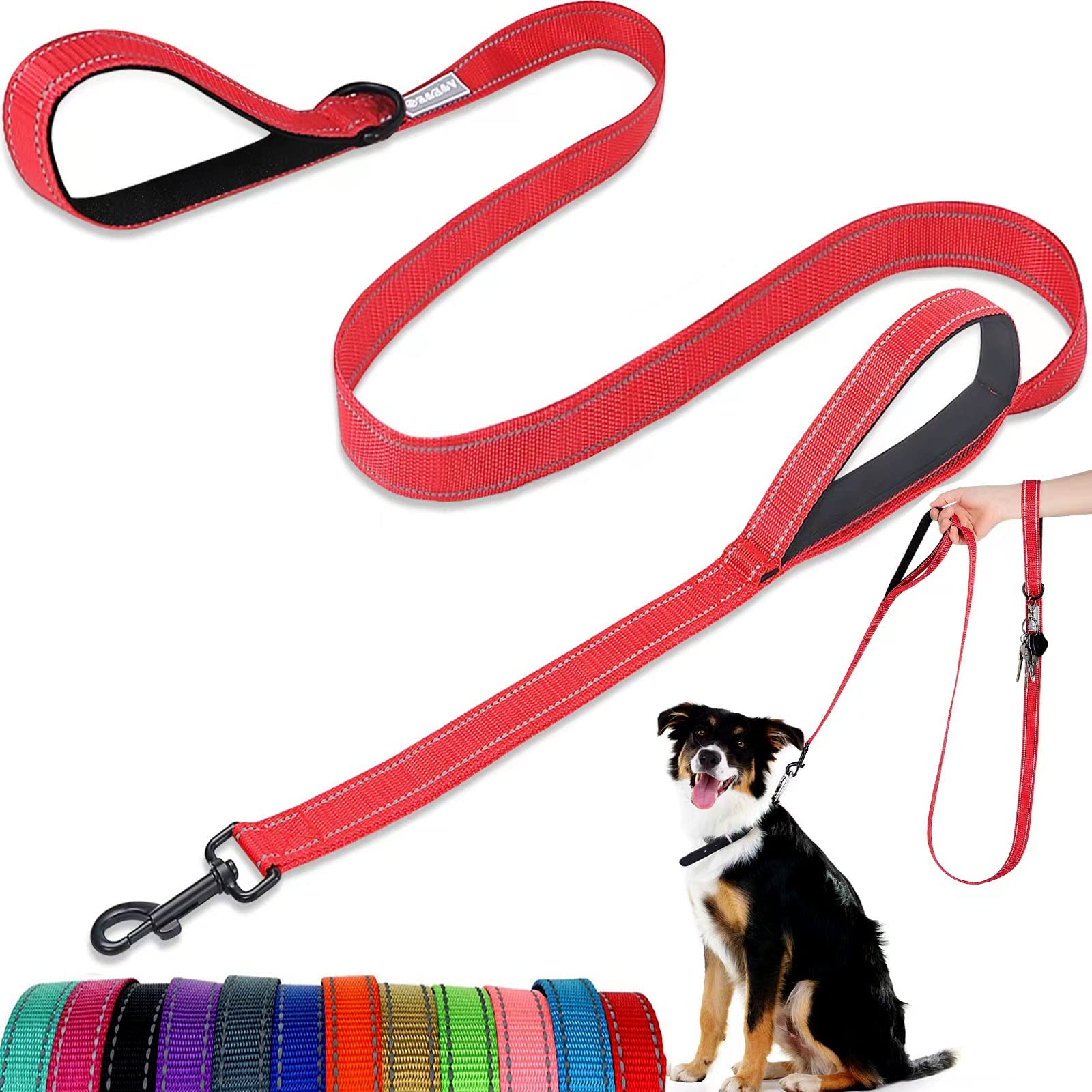 Dog Lead - With Two Padded Handles, Two Dog Leads Modes,Double-Sided Reflective Nylon Dog Leash for Training&Walking Perfect for Medium &Large Dogs Red