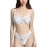 HEGARVII Women's Satin Lingerie Set 2 Piece Ruffled Frilly Silky Bra and Panty Set