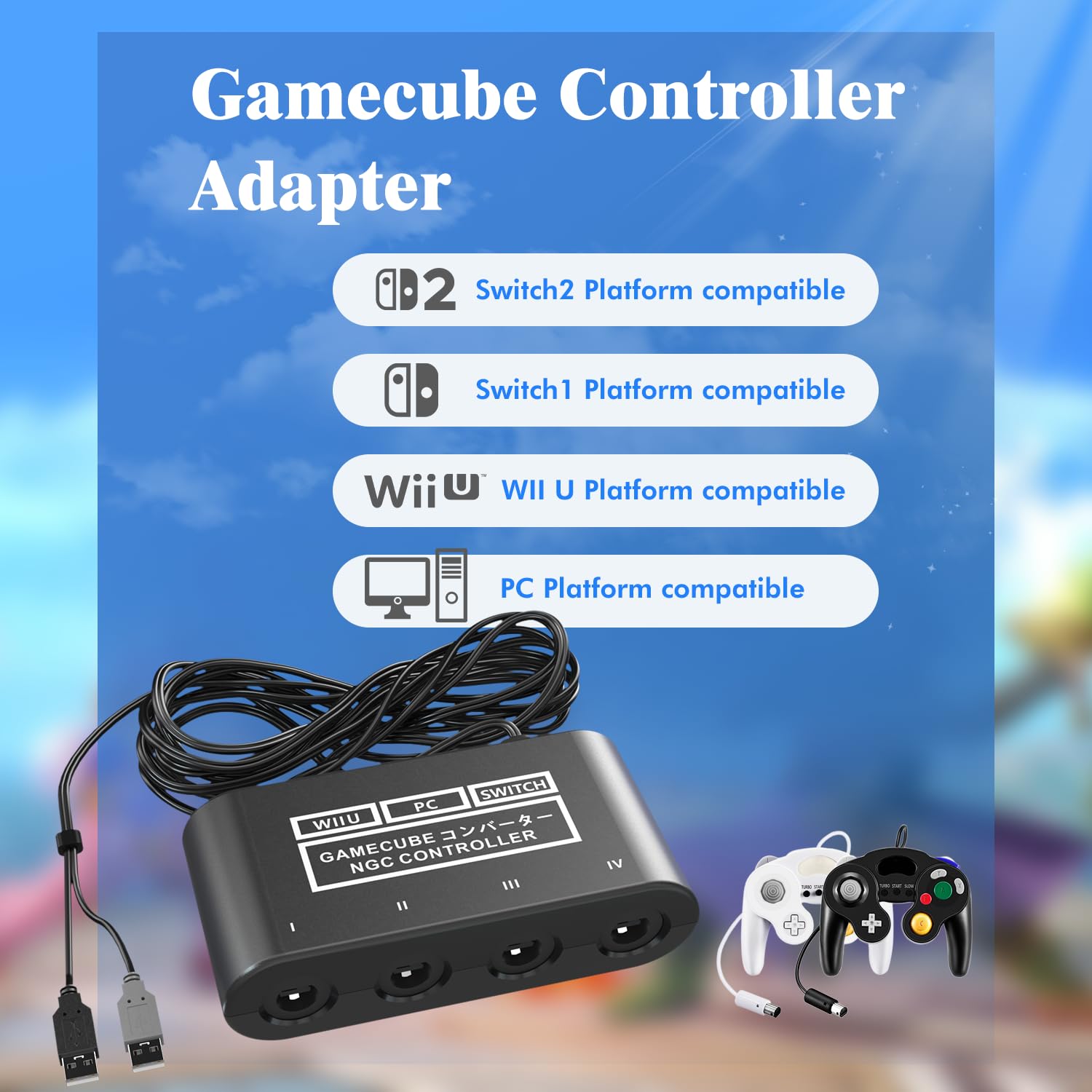 Gamecube Adapter for Nintendo Switch / Wii U / PC and Switch 2 Gamecube Controller Adapter, Super Smash Bros Adapters for NGC Controller, Support Turbo and Vibration Features with 180cm USB Cable