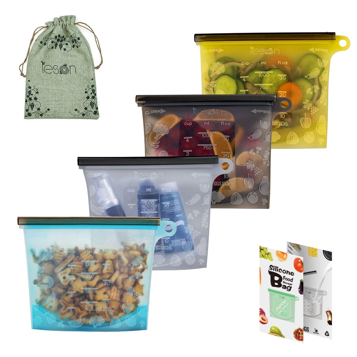 Reusable Silicone Food Bag Storage Preservation Bags Container Versatile Cooking Bag, Storing Fruits Vegetables Meat Milk for Freezer Steamer Microwave (4 Packs)