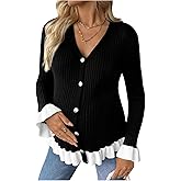 MakeMeChic Women's Maternity Sweater Color Block Bell Sleeve Button Down Ruffle Pregnancy Cardigan