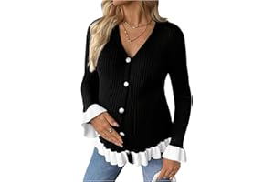 MakeMeChic Women's Maternity Sweater Color Block Bell Sleeve Button Down Ruffle Pregnancy Cardigan