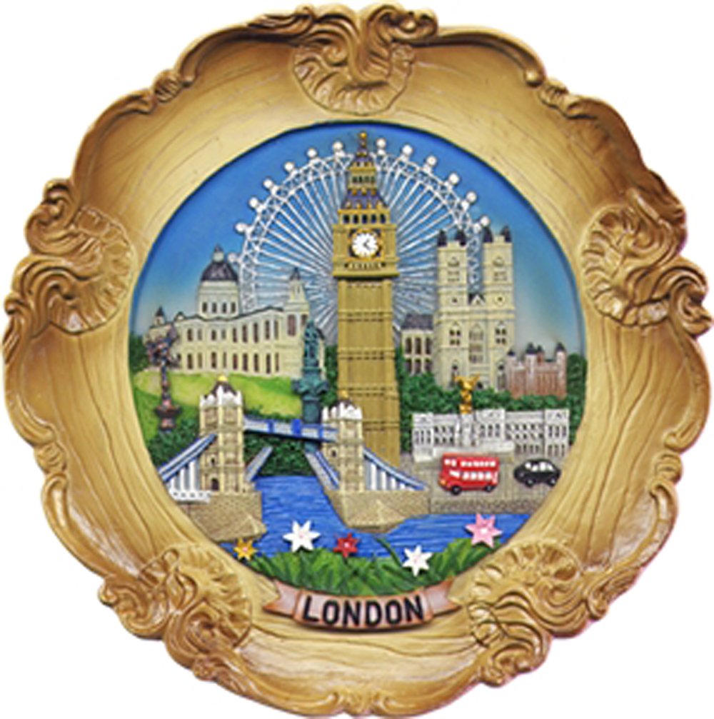 Wood Style Decorative Plate Detailing London Skyline: Big Ben, Tower Bridge and London Eye etc (Medium Ornate)