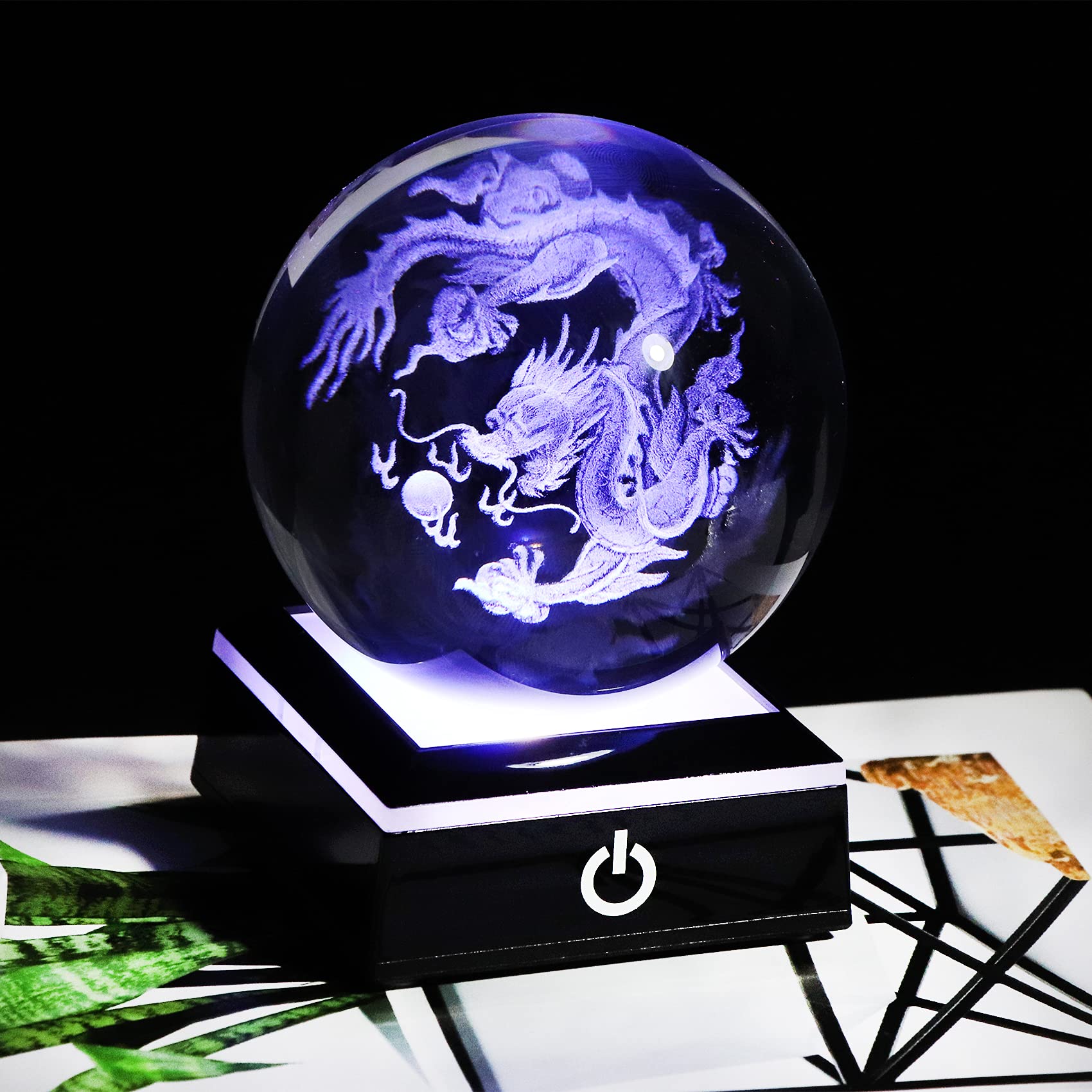 Movdyka 3.15 in. Crystal Dragon Ornament Ball Glass Engraved 3D Chinese Grangon Loong Ball Ornaments Paperweights with Colorful LED Night light Base (8cm)