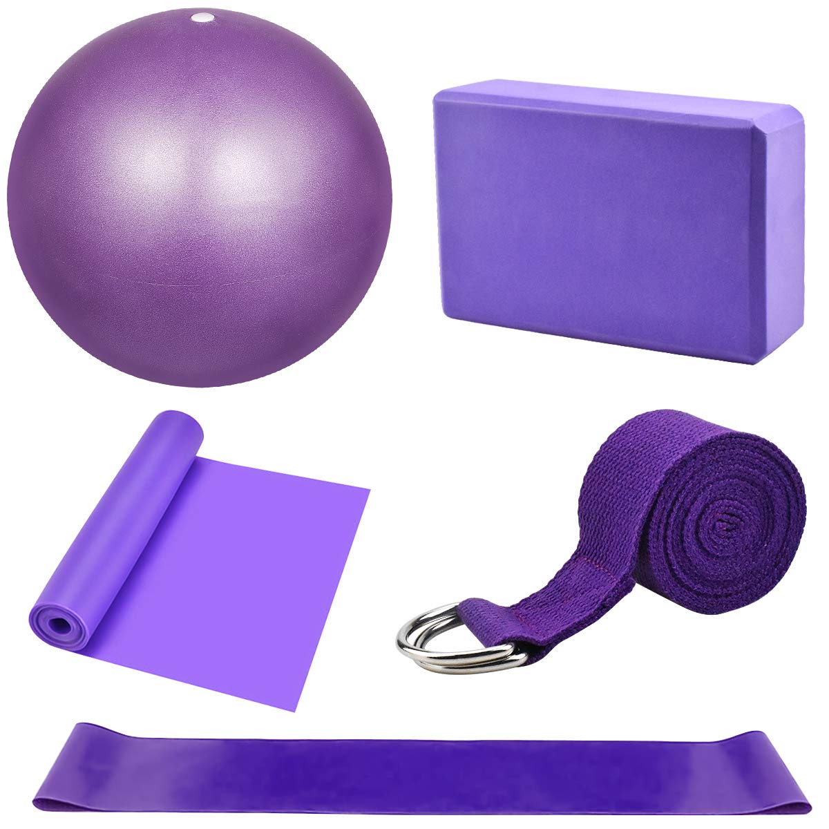 Yoga Starter Kit 5Pcs - Blocks and Strap Set, Ball, Brick, Exercise Resistance Loop Band, Stretching Strap, Pilates Belt - Equipment and Accessories for Home, Gym Training (Purple)