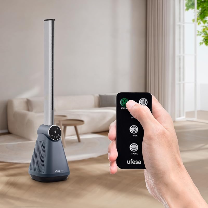 TK50 Ventilador de Torre sin Aspas, Silencioso, 50W, 3 Velocidades, 3 Modos, Mando a Distancia, 97cm Altura, Oscilación 40º, Temporizador, Pantalla LED Táctil