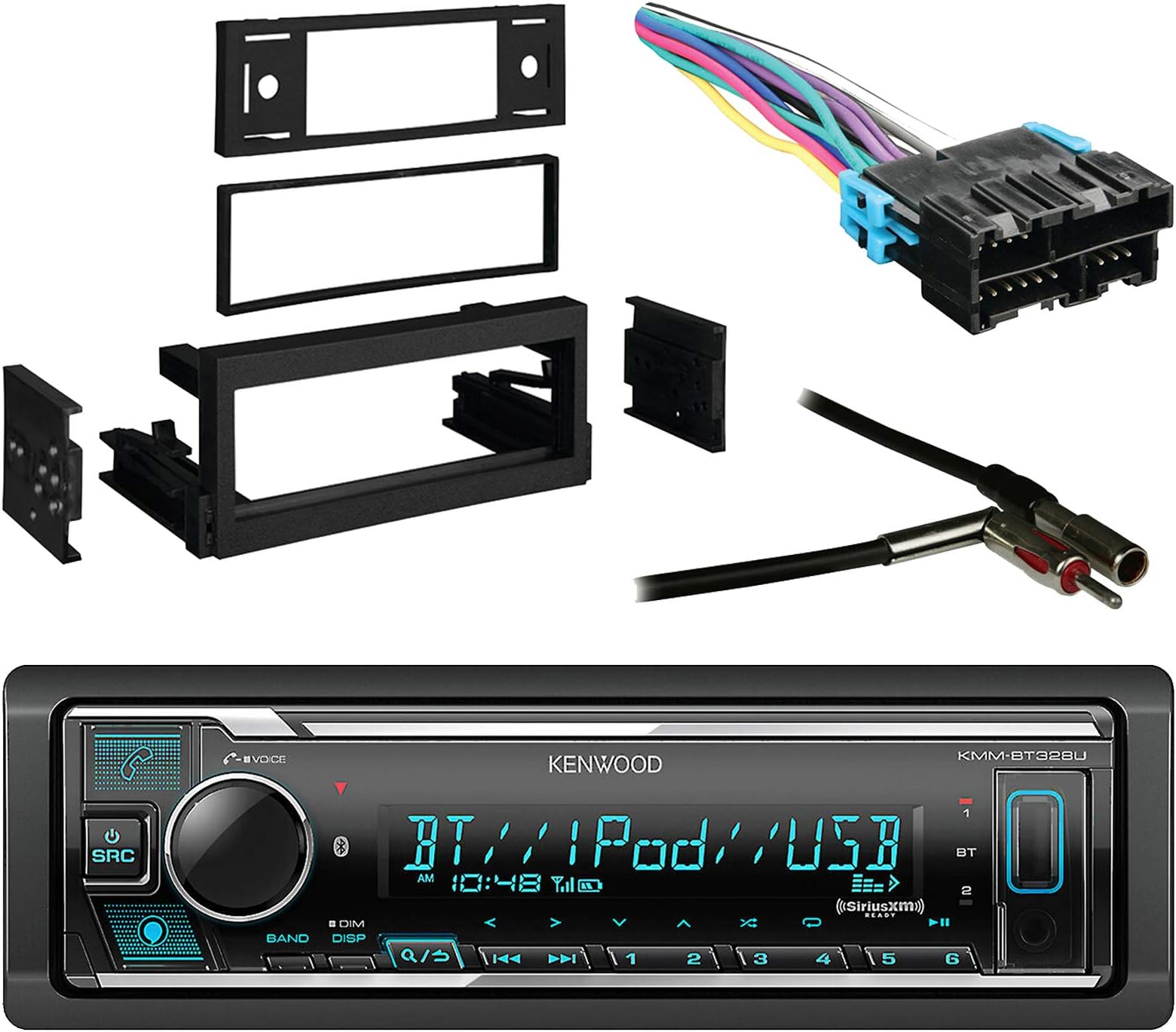 Kenwood Digital Media Bluetooth USB AUX SiriusXM Ready Car Stereo Receiver with Metra Dash Kit Compatible with GM Truck and Van 95-05, Metra Radio Wiring Harness and Metra Antenna Adapter