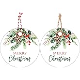 jijAcraft Merry Christmas with String - 100Pcs Holiday Gift Tags, 2Inch Round Holly Pine Cone Name Labels, Winter Gift Tag for Xmas Party, Party Favors, DIY Crafts