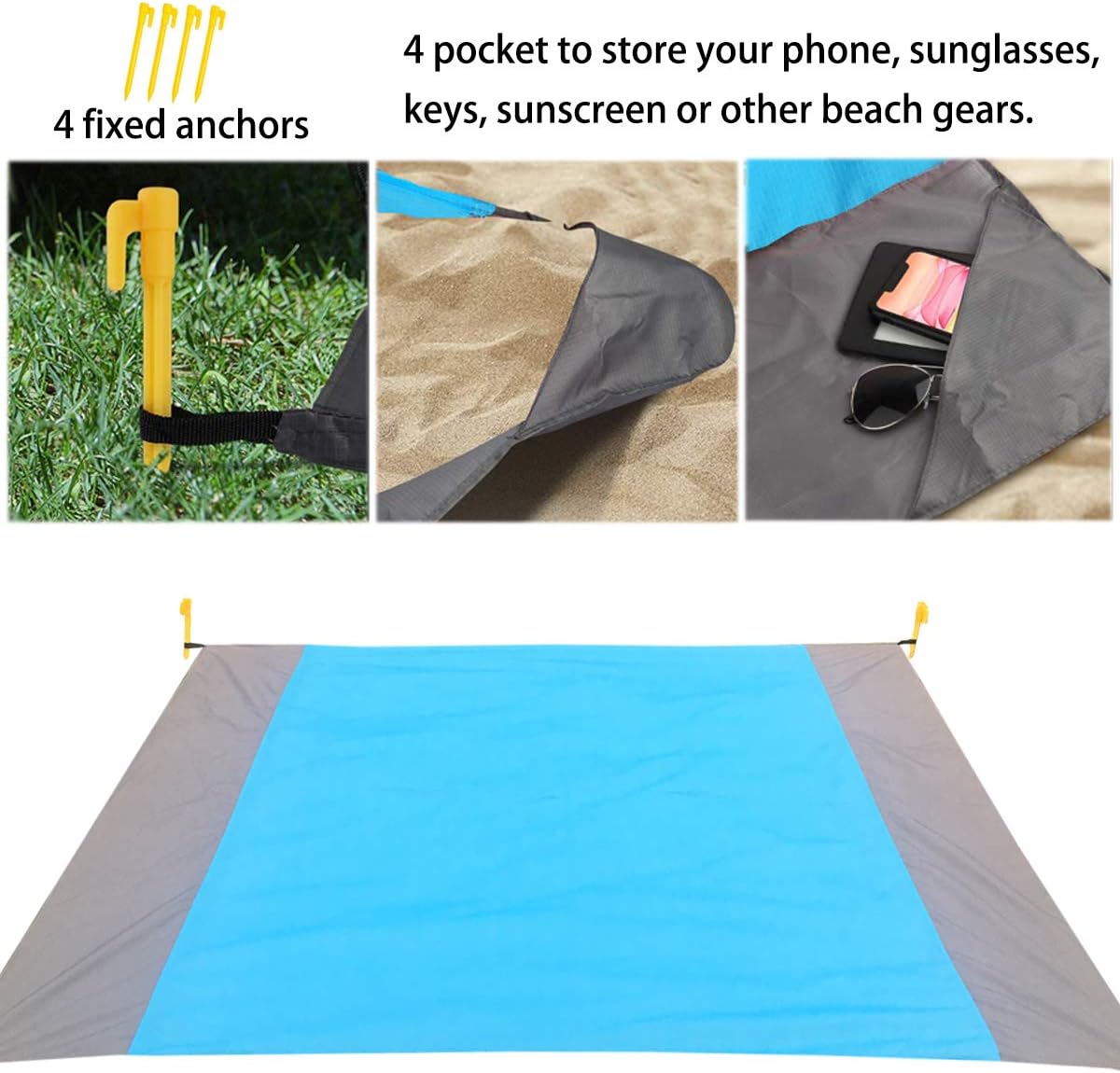 Fashion Beach Blanket, Oversize 108" x 120" for 10-12 Adult Waterproof Outdoor Portable Picnic Mat with 4 x Stakes & Corner Pockets - Beach Mat for Travel, Camping, Hiking, Music Festivals, BBQ (Blue): Kitchen & Dining