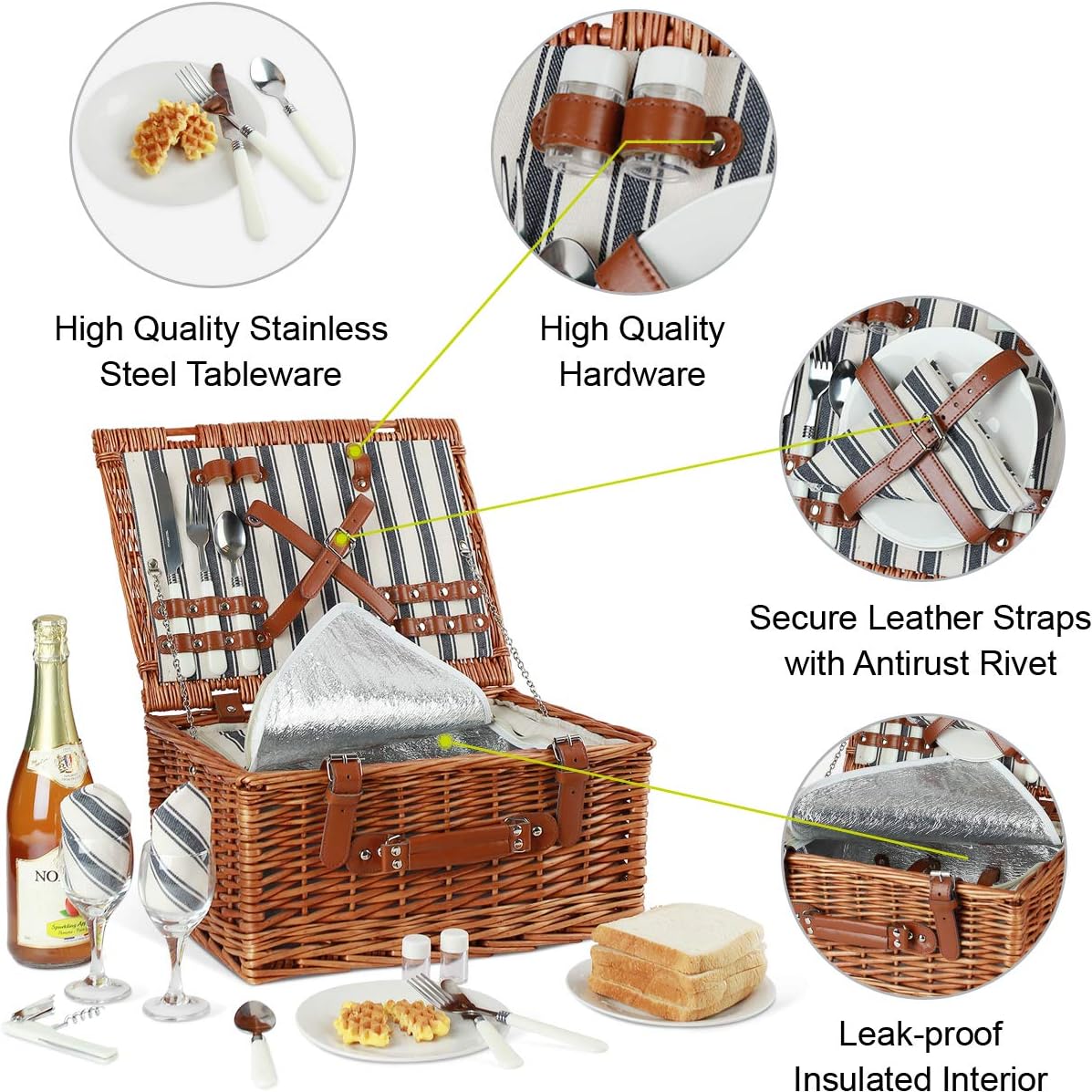 Willow Picnic Basket Set for 2 Persons with Large Insulated Cooler Bag and Classical Cutlery Service Kit | Wicker Picnic Hamper for Camping, Outdoor, Valentine Day, Chirtmas, Thanks Giving, Birthday : Garden & Outdoor