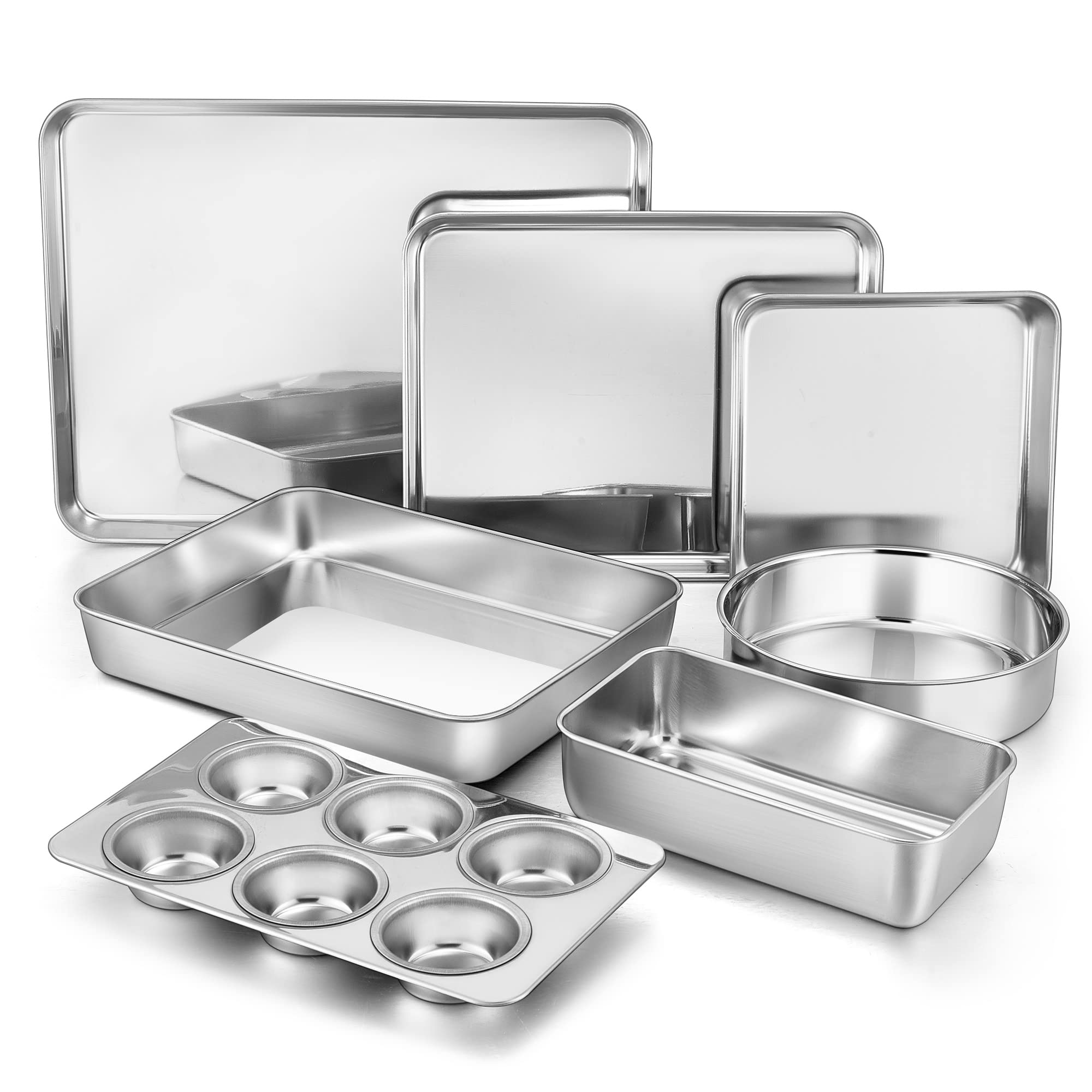 Photo 1 of TeamFar Bakeware Sets of 7, Stainless Steel Bakeware Sets for Oven, Baking Sheet & Toaster Oven Pan, Square & Round Cake Pan, Muffin Pan & Loaf Pan, Lasagna Pan, Healthy & Sturdy, Dishwasher Safe