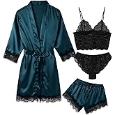 ESKTJH Women's Pajama Satin Sexy Lingerie Robe Set 4Pcs Pjs Silk Sleepwear Lace Cami Shorts Loungewear