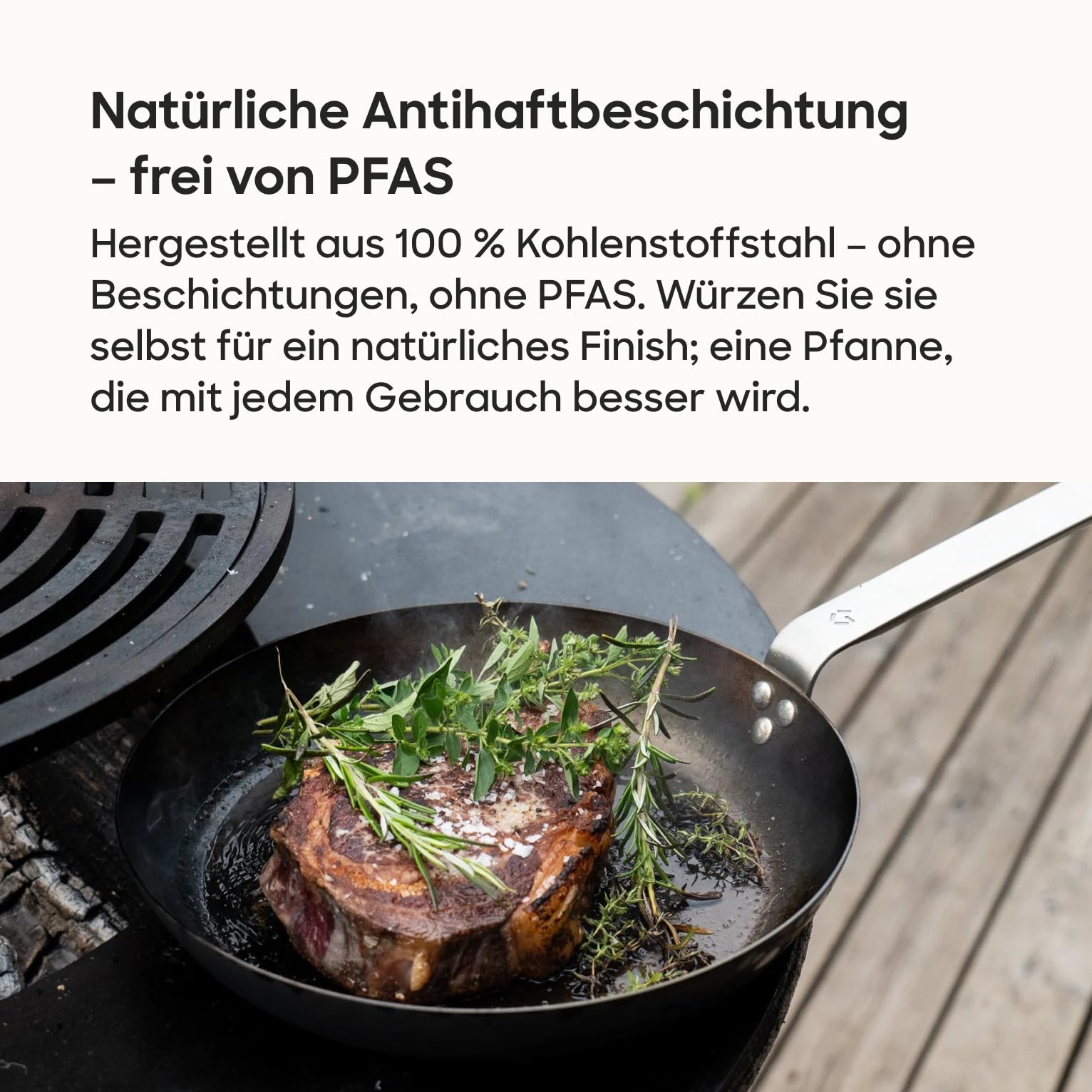 Gastrotools Carbonstahl Bratpfanne 24cm, natürliche Antihaft-Oberfläche ohne PFAS, Ofenfest bis 650°C, CoolGrip Griff, geeignet für Induktion, Gas, Keramik & offenes Feuer, Hergestellt in Italien 4