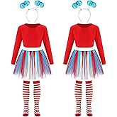 Vinsatin 6 Pcs Costume Set for Kids, Include Tulle Tutu Skirt Striped Knee Long Socks Shirt Blue Headband