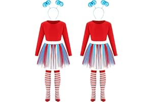 Vinsatin 6 Pcs Costume Set for Kids, Include Tulle Tutu Skirt Striped Knee Long Socks Shirt Blue Headband