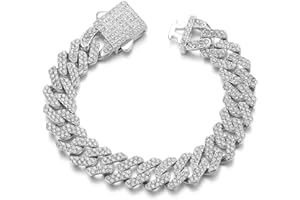 HIPBLING Cuban Link Bracelet for Women Miami Cuban Bracelet 12mm Pink Rhinestones Silver Plated Iced Out Bracelets Bling Hip Hop Jewelry for Womens Gift