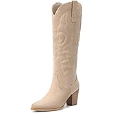 Pasuot Suede Cowboy Boots for Women - Beige Western Knee High Cowgirl Boots with Side Zipper, Country Pointed Toe Tall Block Heel Pull On Long Boot Fall Winter Concert Rodeo Festival Daily Size 7