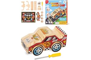 LITTLE JUPITER DIY Wooden Race Car w/ Stickers - Kids Building Kit - Stem Building Toys - Wood Crafts for Kids - Building Kits for Kids - Woodworking Kits for Kids - Wood Building Kits for ages 4 - 5 - 6 - 7