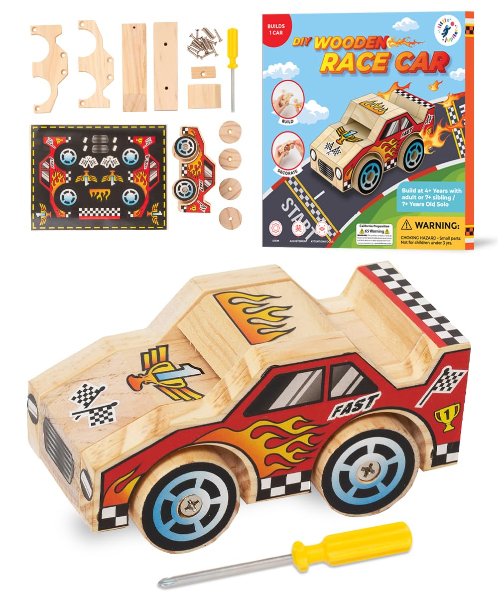 Little Jupiter DIY Wooden Kits w/Stickers - Building Kit - Stem Building Toys - Wood Crafts - Woodworking Kit - Wood Building for Ages 4-7 Yrs (Race Car)