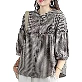 utcoco Womens Plaid Button Down Shirts Casual Loose Fit 3/4 Sleeve Tunic Tops Checkered Blouses