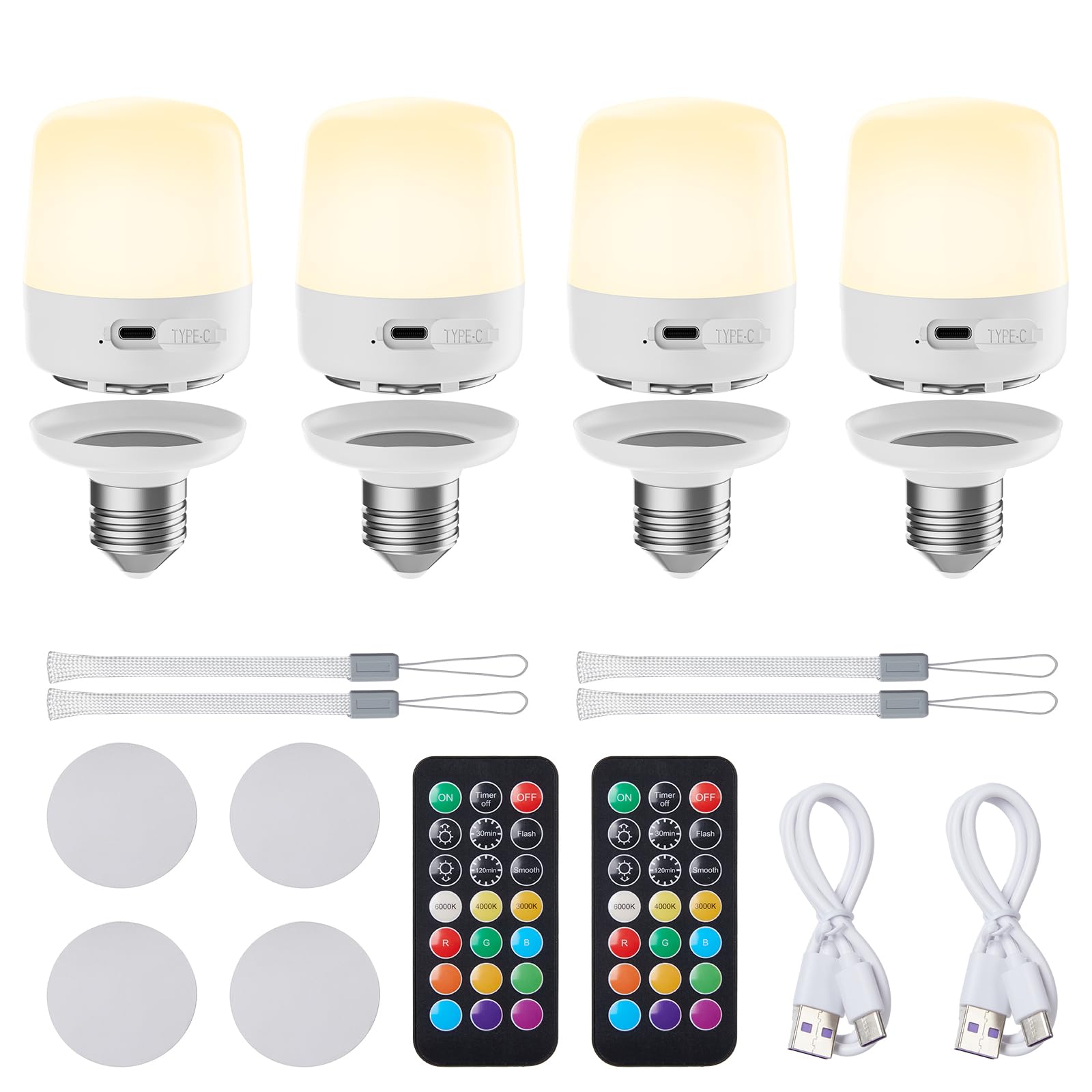 Minetom E26 Rechargeable Light Bulbs with Remote and Timer, Battery Backup Bulb with 12 Colors and Brightness Dimmable, 2300mAh 40W Equivalent LED Light Bulbs for Lamps Sconces Camping, 4 Pack Image