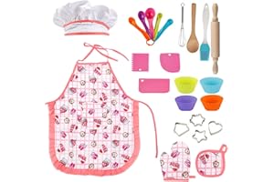 GIFTRRTOY Real Kids Cooking and Baking Set - 24 Pcs Kids Chef Role Play Costume Set Includes Cake Apron, Chef Hat, Cooking Mitt, Utensils, Cupcake Molds for Toddler Boys and Girls Ages 3+