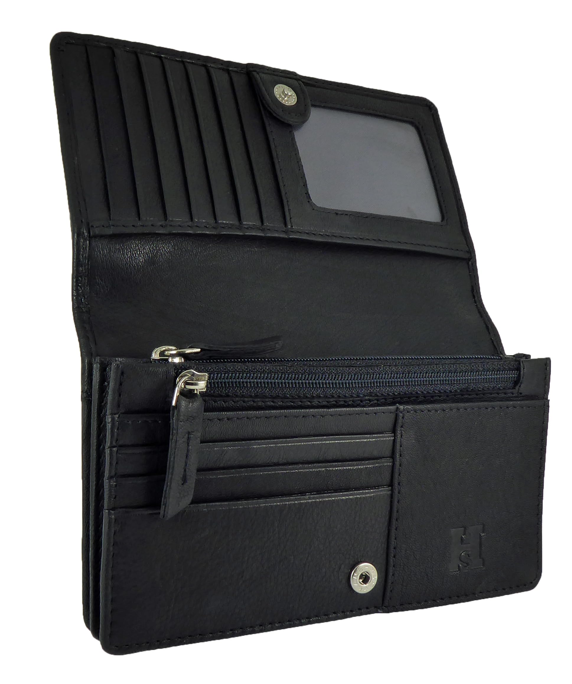 Womens Leather Flapover Matinee Organiser Purse RFID Protection 10 Cards, Notes and Coins (Black)