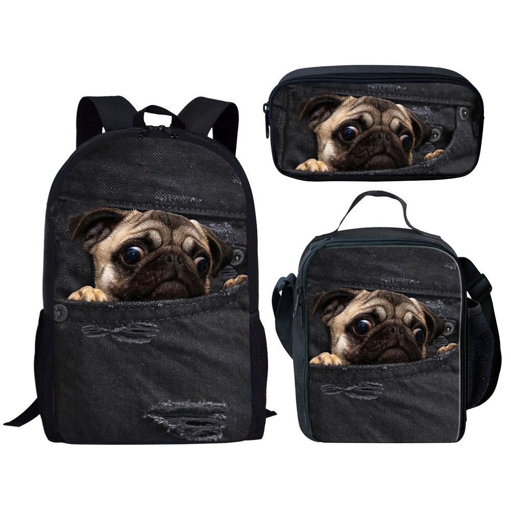 HUGS IDEA Children School Bag Set Denim Pug Black Backpack with Lunch Boxes Pencil Case for Teen Boys Girls