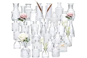 Brajttt Set of 32 Bud Vases for Flowers, Small Vintage Glass Bottles for Rustic Wedding Centerpieces and Home Decor