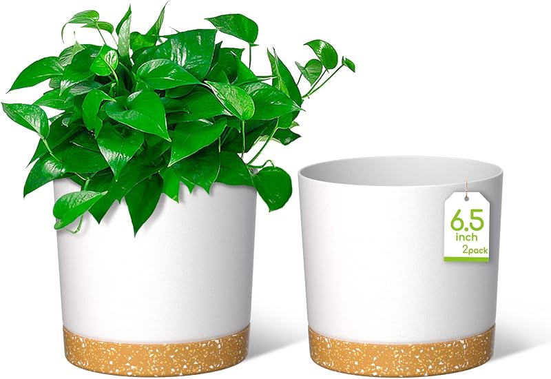 ZMTECH 16.5cm Plant Pots Set of 2 White Plastic Planters with Drainage Holes