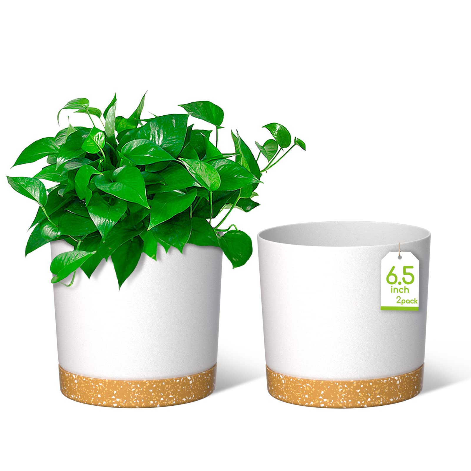 ZMTECH 16.5cm Plant Pots, Modern Planters with Drainage Holes and Detachable Saucer, Plastic Flower Pots for Plants for House Garden Windowsill (Set of 2, White) — image 1
