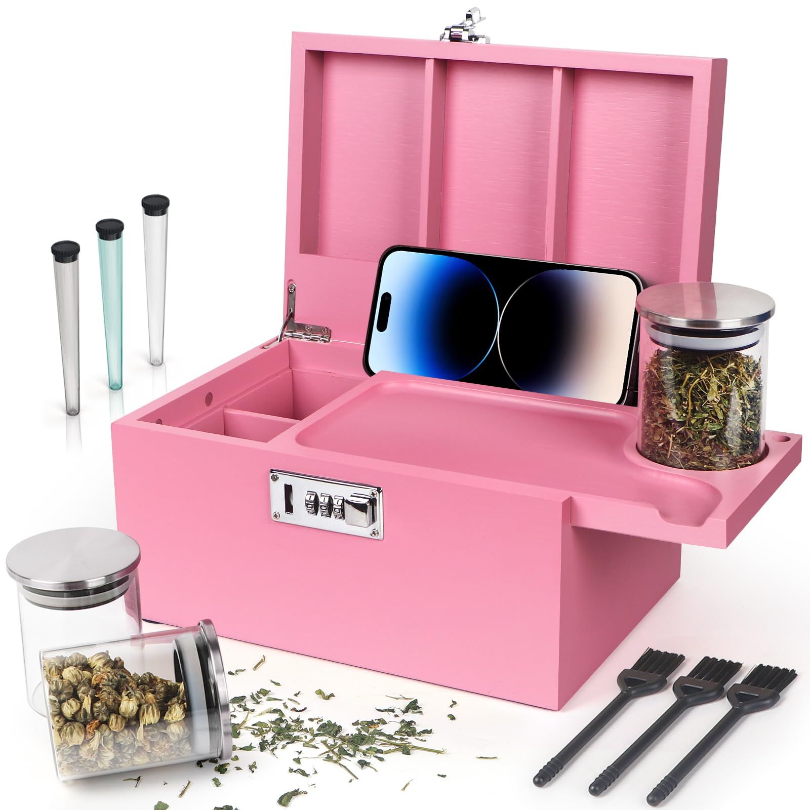 Photo 1 of ***Broken hinge***TISEMENT Large Pink Bamboo Box with Combination Lock, Decorative Storage Box with Detachable Compartment, Wooden Box with Alright Jars & Brushes & Storage Tubes as Great Gift Choice.