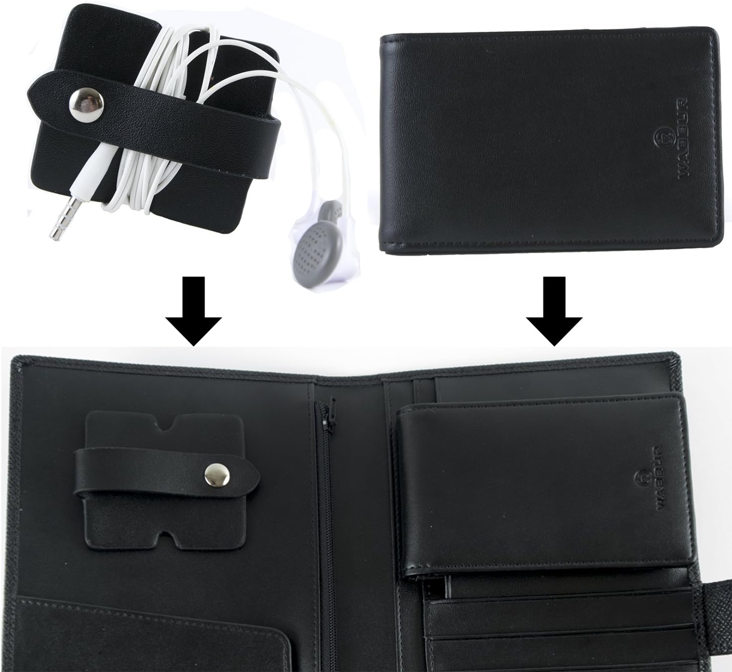 Passport Wallet and Organizer - RFID Blocking - Includes Separate Money Clip and Earbuds Organizer (Black)