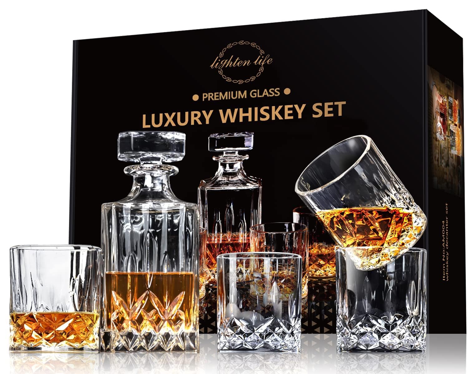 Photo 1 of LIGHTEN LIFE Crystal Whiskey Decanter Set for Men - Gift Box With Glasses, Non-Lead Glass for Bourbon and Liquor - Perfect for Dad, Husband, Whiskey Lovers