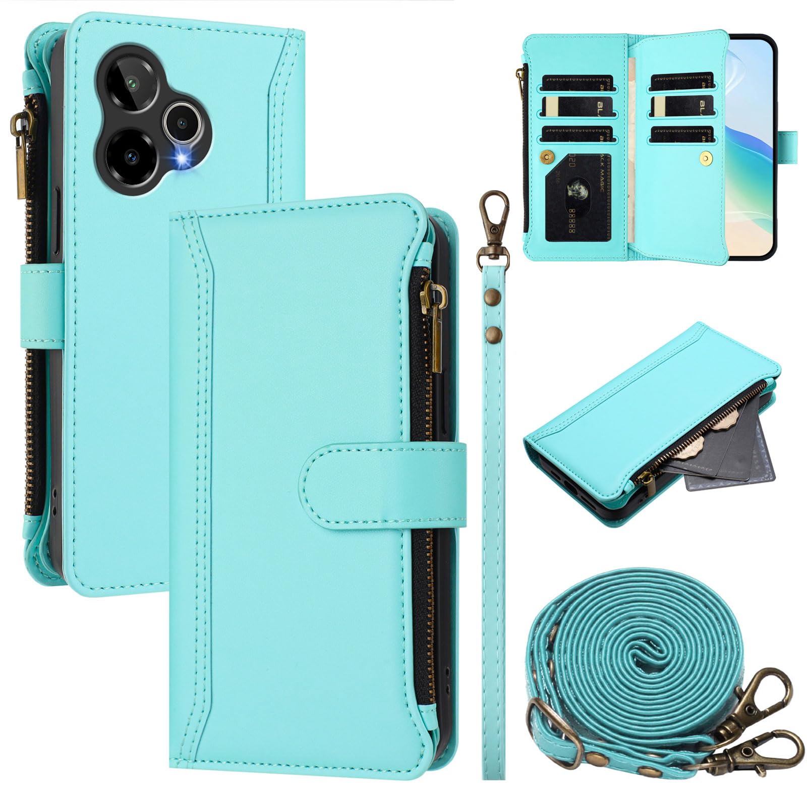 ELECWAY Wallet Case for Cricket Icon Plus 2026 Phone, with 1 Long Shoulder Strap, 1 Short Wrist Strap, 9 Card Slots, 1 Cash Pocket, Wireless Charging, Magnetic Closure, Kickstand (Mint Green)