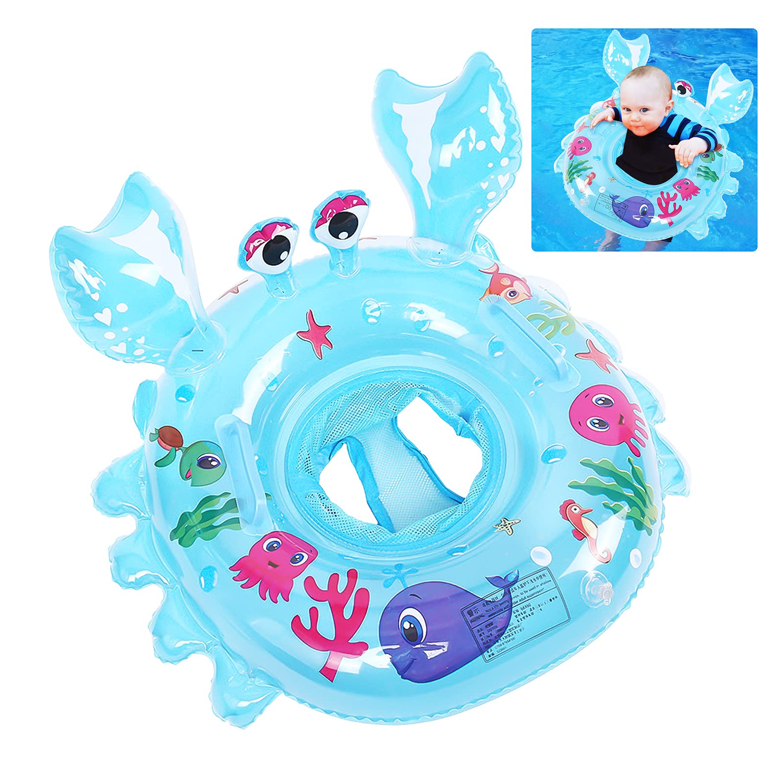 Yisscen Baby Swimming Ring, Crab Swimming Ring, Swimming Seat Swimming Hoop, Swimming Float, Inflatable Pool Ring, Baby Pool Toy, Suitable for Babies from 6 to 48 Months (Blue)