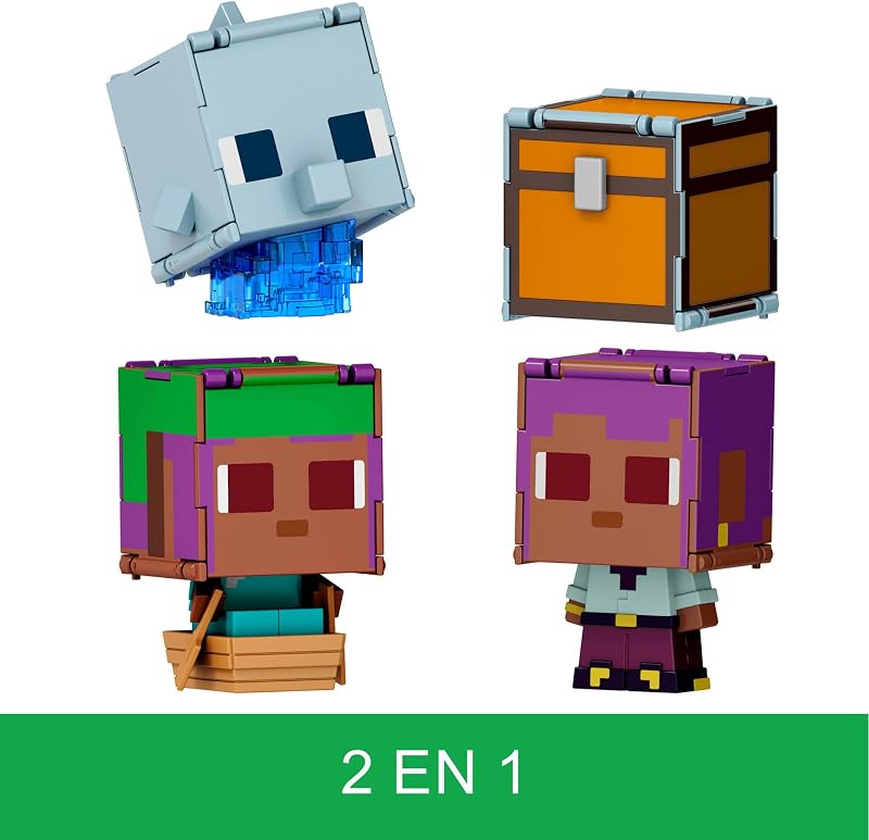 Minecraft Flippin' Figs Pack de duas figuras de ação à escala 9,5cm com cabeças grandes, figuras 2 em 1 para jogo rápido com as mãos, Efe/barco e golfinho/baú do tesouro, JCY31
