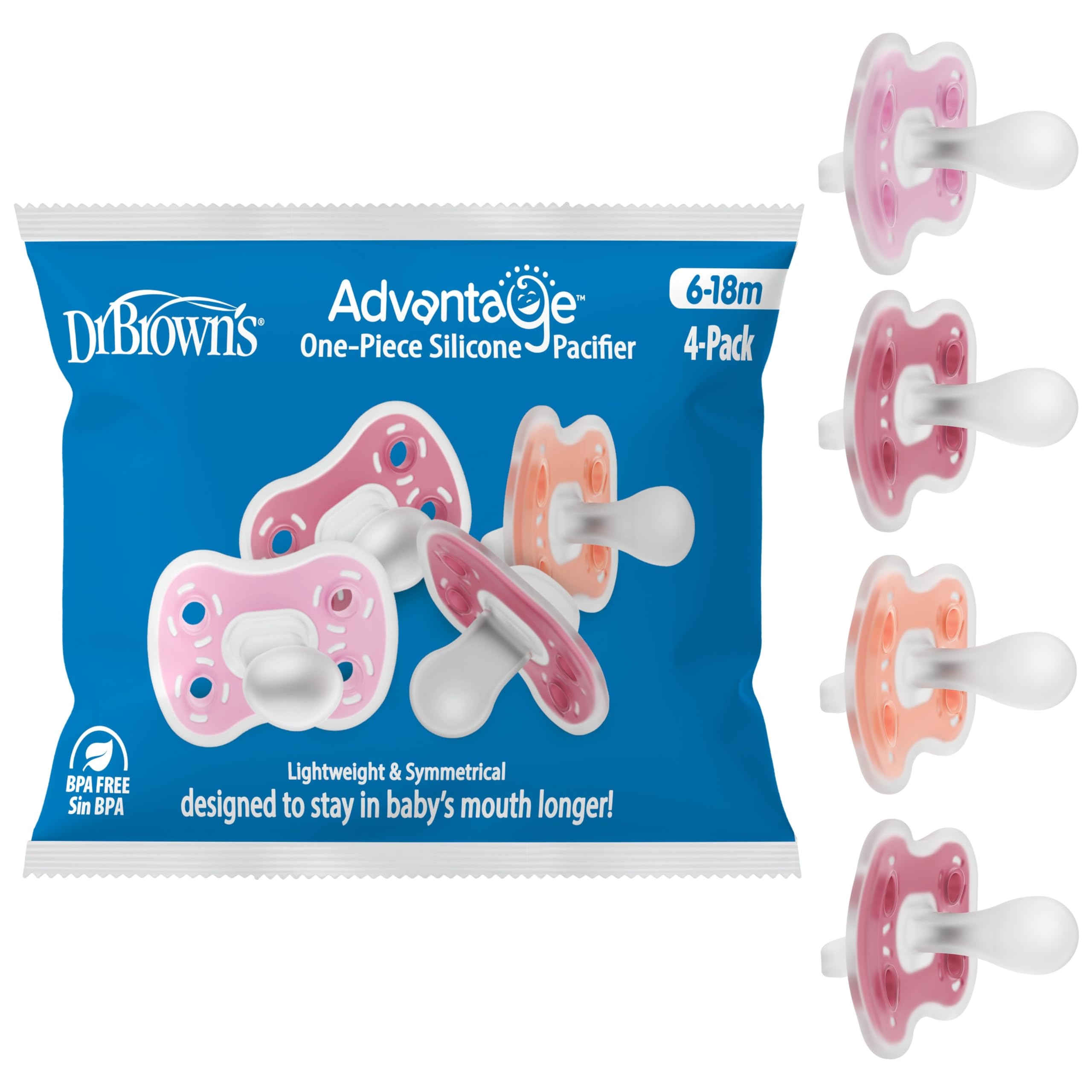 Dr. Brown's Advantage One-Piece Silicone Baby Pacifier, 6-18M, 4-Pack | Coral/Light-Pink/Pinks, Pack of 4 Fully Symmetrical S