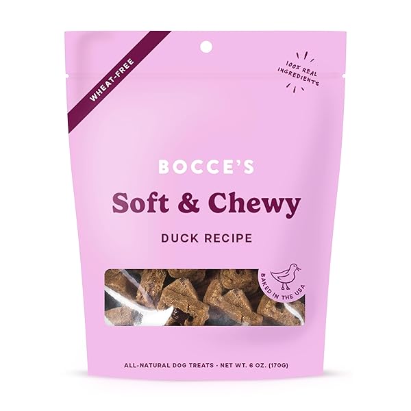 BOCCE’S BAKERY OVEN BAKED DUCK RECIPE TREATS FOR DOGS, WHEAT-FREE EVERYDAY DOG TREATS, MADE WITH REAL INGREDIENTS, BAKED IN THE USA, ALL-NATURAL SOFT & CHEWY COOKIES, DUCK, 6 OZ
