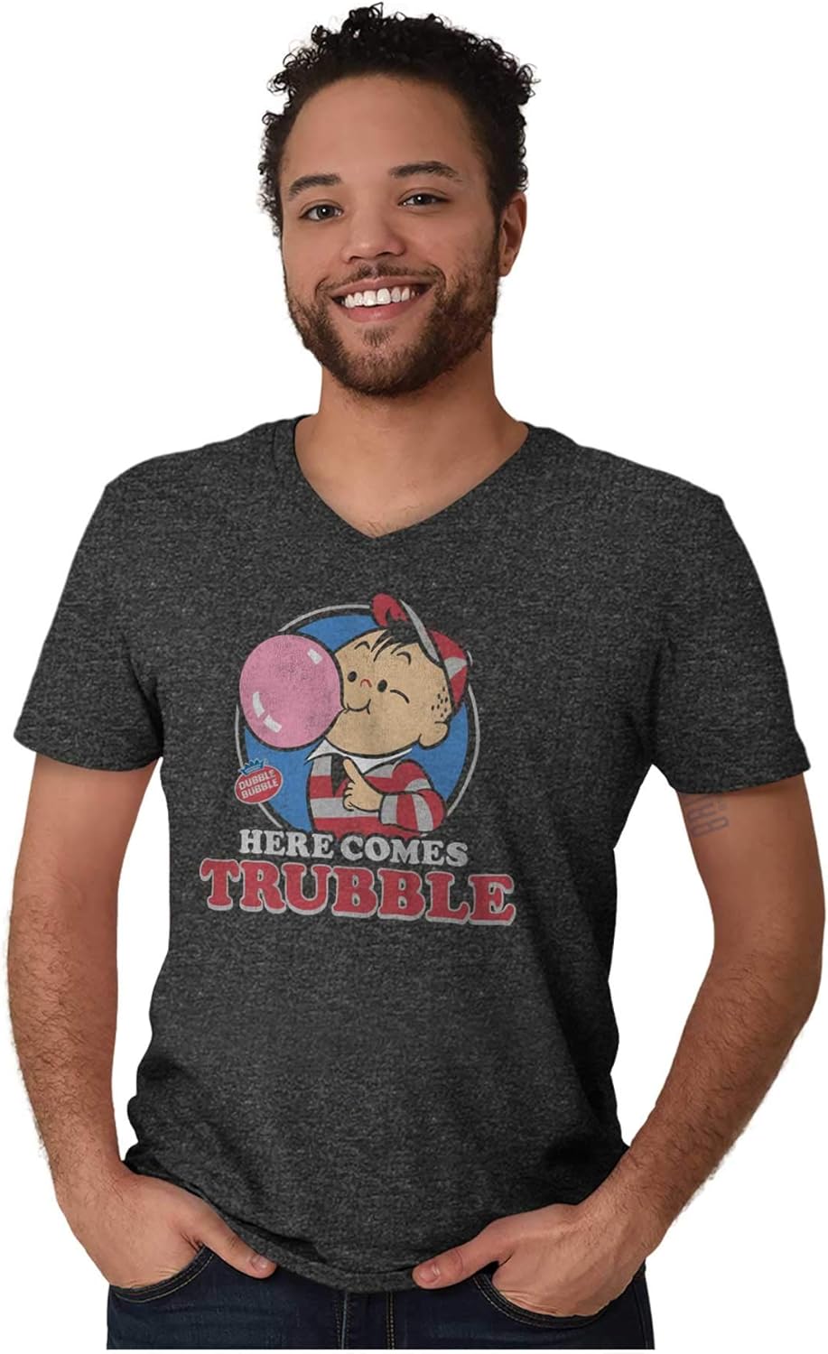 Amazon Com Vintage Dubble Bubble Here Comes Trouble V Neck T Shirt Clothing