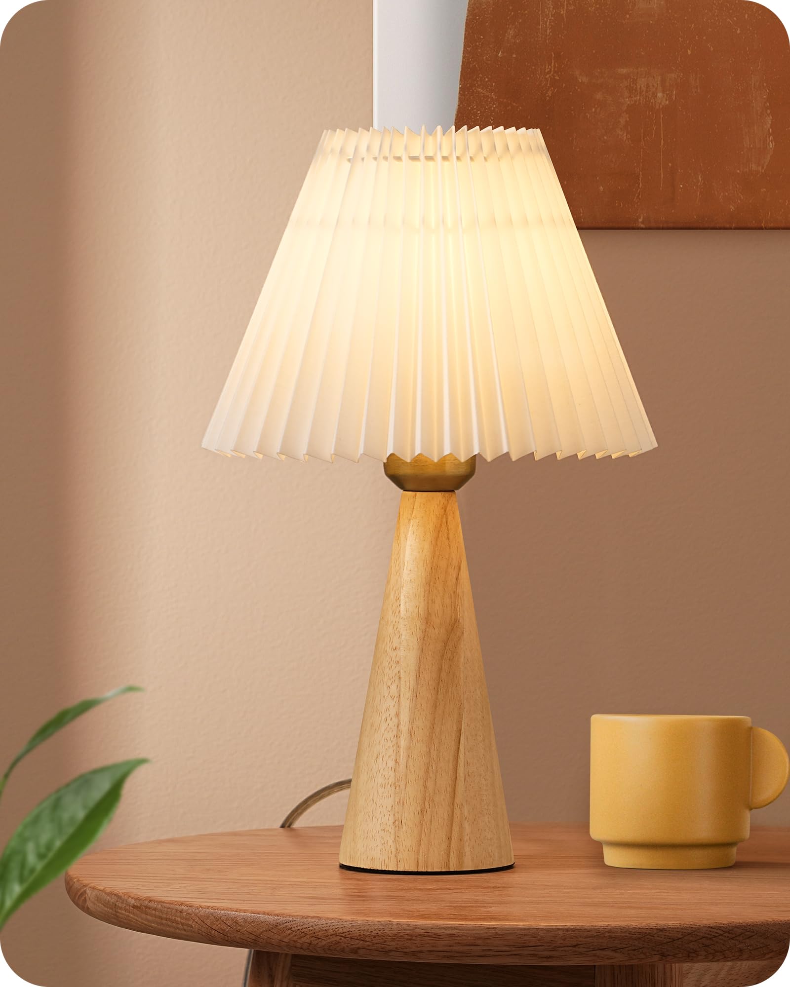 Photo 1 of EDISHINE 13.58" Small Table Lamp, Wooden Base Nightstand Lamp, White Pleated Lampshade, Space-Saving Modern Bedside Lamp for Nursery Kids Room Bedroom Living Room, E26, ON-Off Button, Burlywood Base
