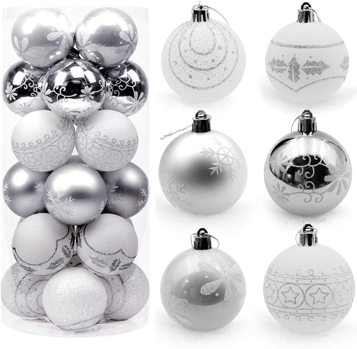 Linko Christmas Baubles Ornaments Set 2.4Inch/6cm, 24PCS Theme Painting & Glittering Christmas Tree Baubles in Silver and White, Plastic Shatterproof Christmas Balls for Christmas Tree Decoration