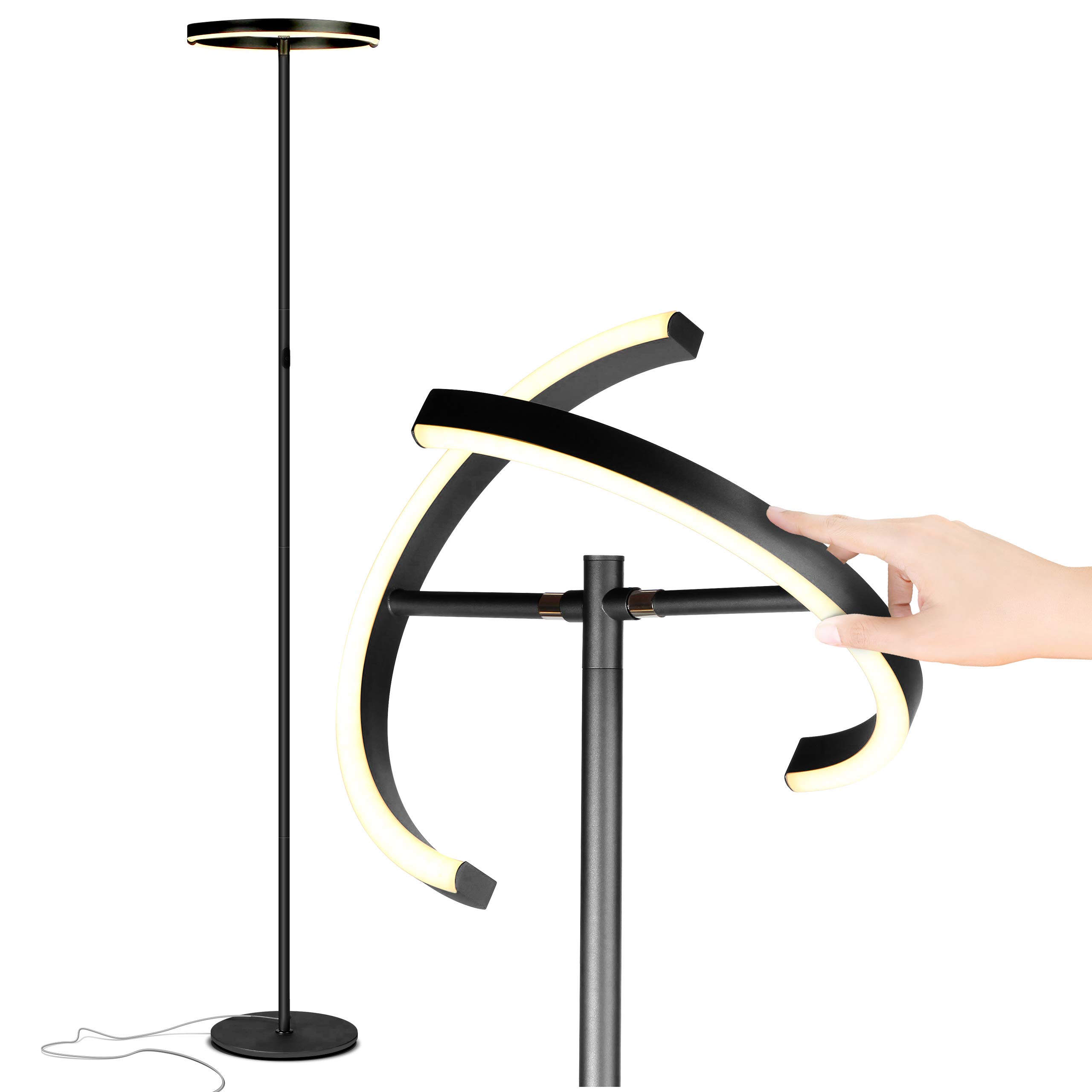 Brightech Halo Split Modern Bright LED Torchiere Floor Lamp for Offices - Dimmable, Tall Standing Lamp for Living Room or Bedroom - Adjustable Light w/Rotating Angles - Jet Black